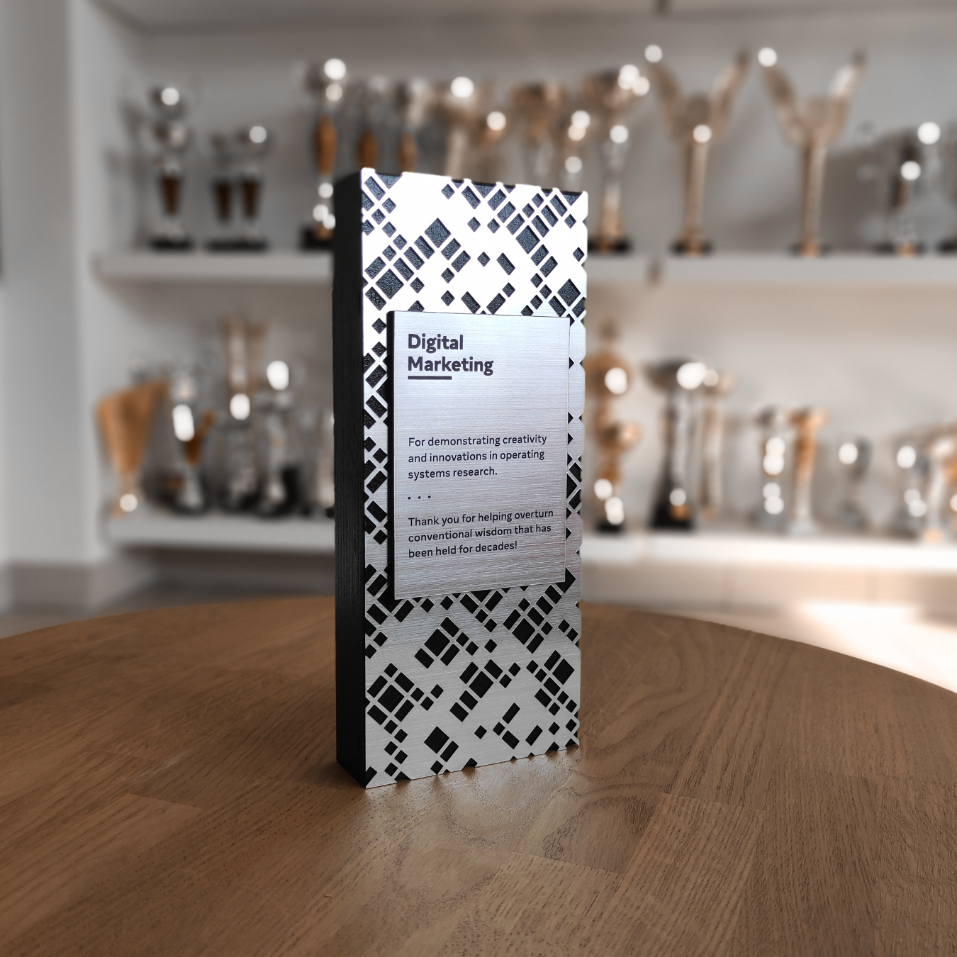 Custom engraved corporate award with wooden base