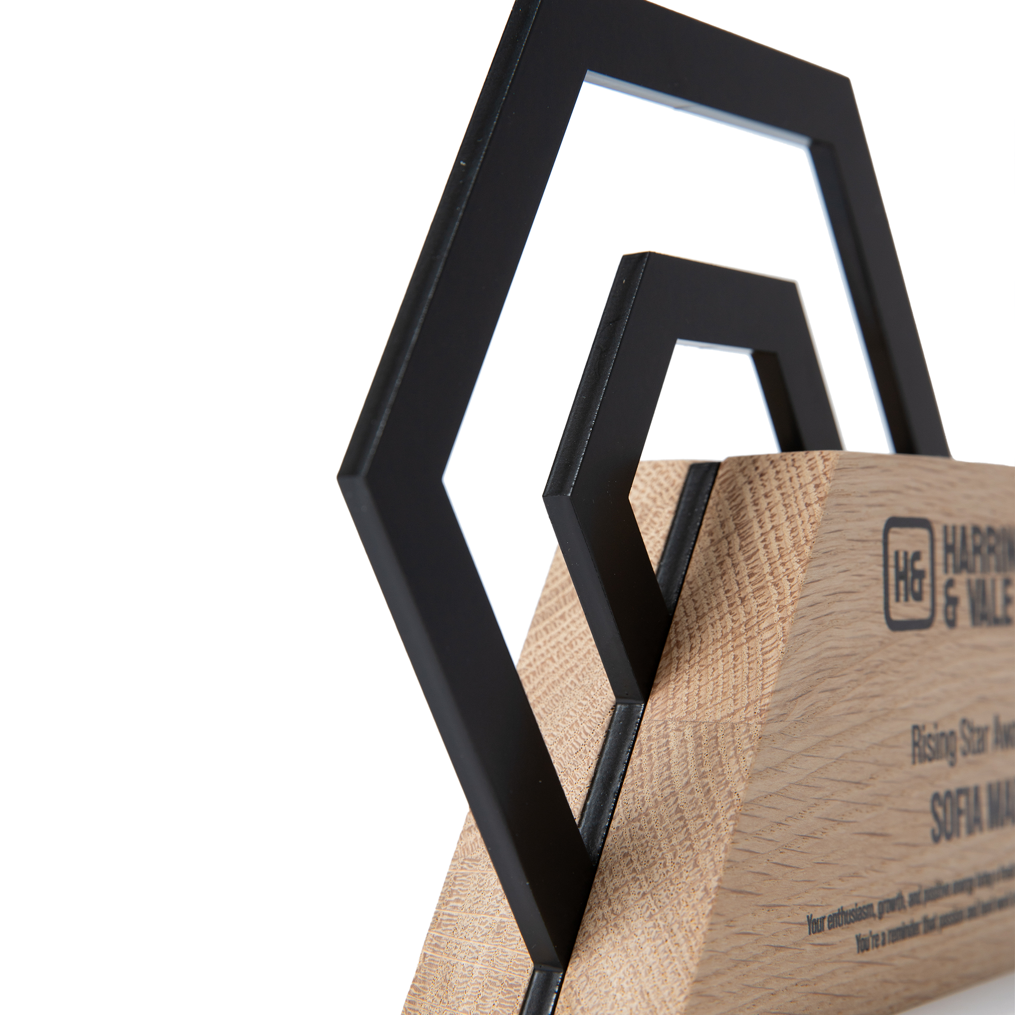 Personalized oak and steel employee recognition award with custom UV printed logo