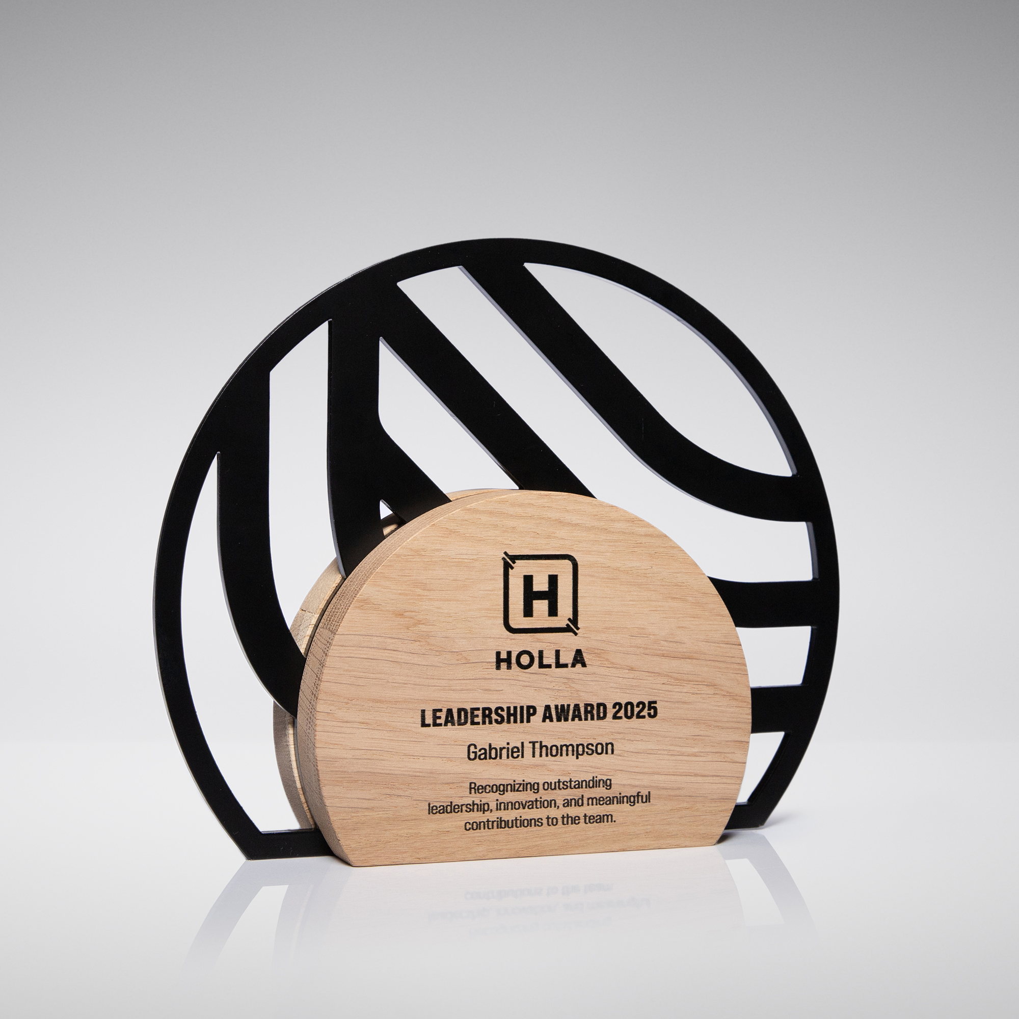 Personalized oak and steel leadership award with custom UV printed logo