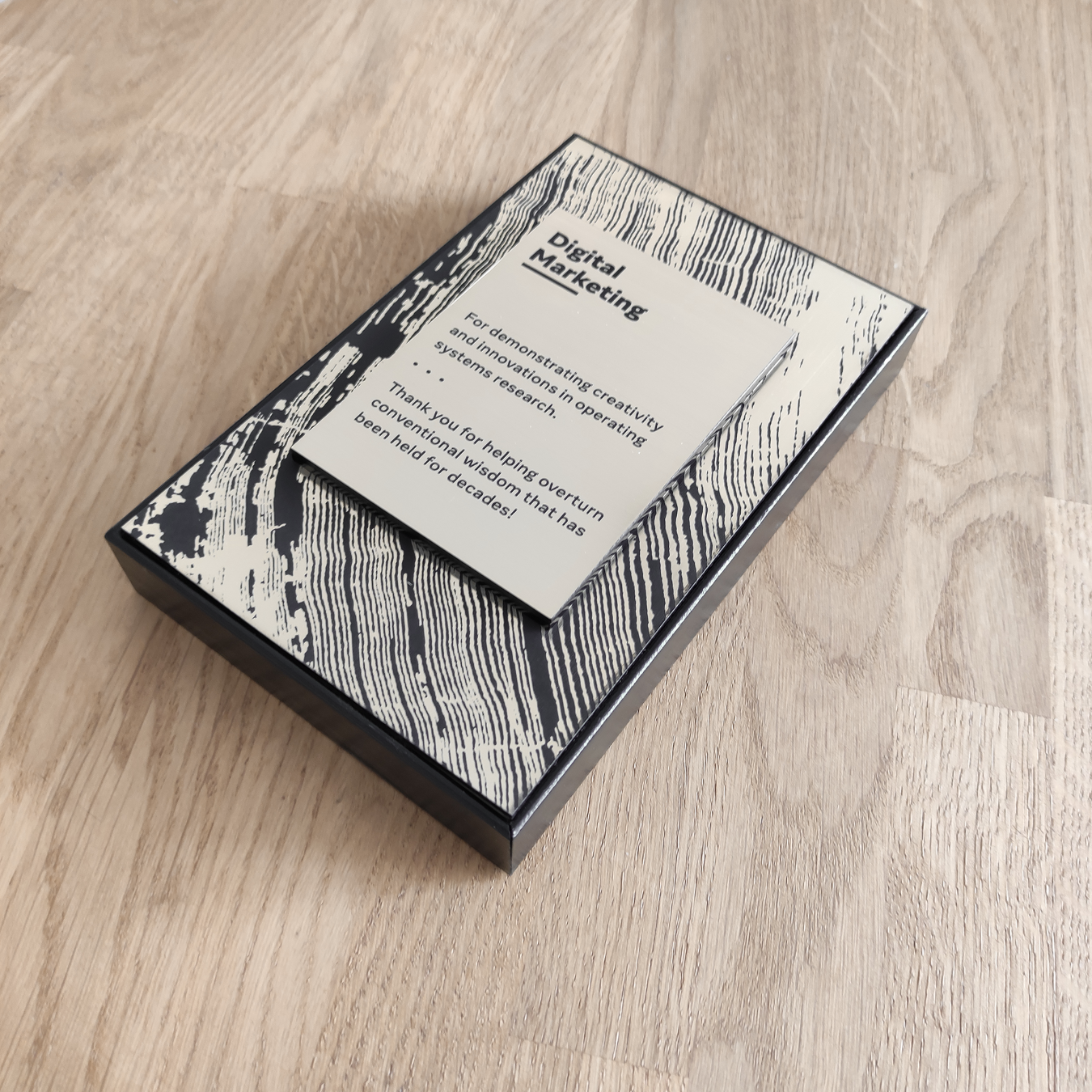 Custom corporate appreciation plaque with engraved text
