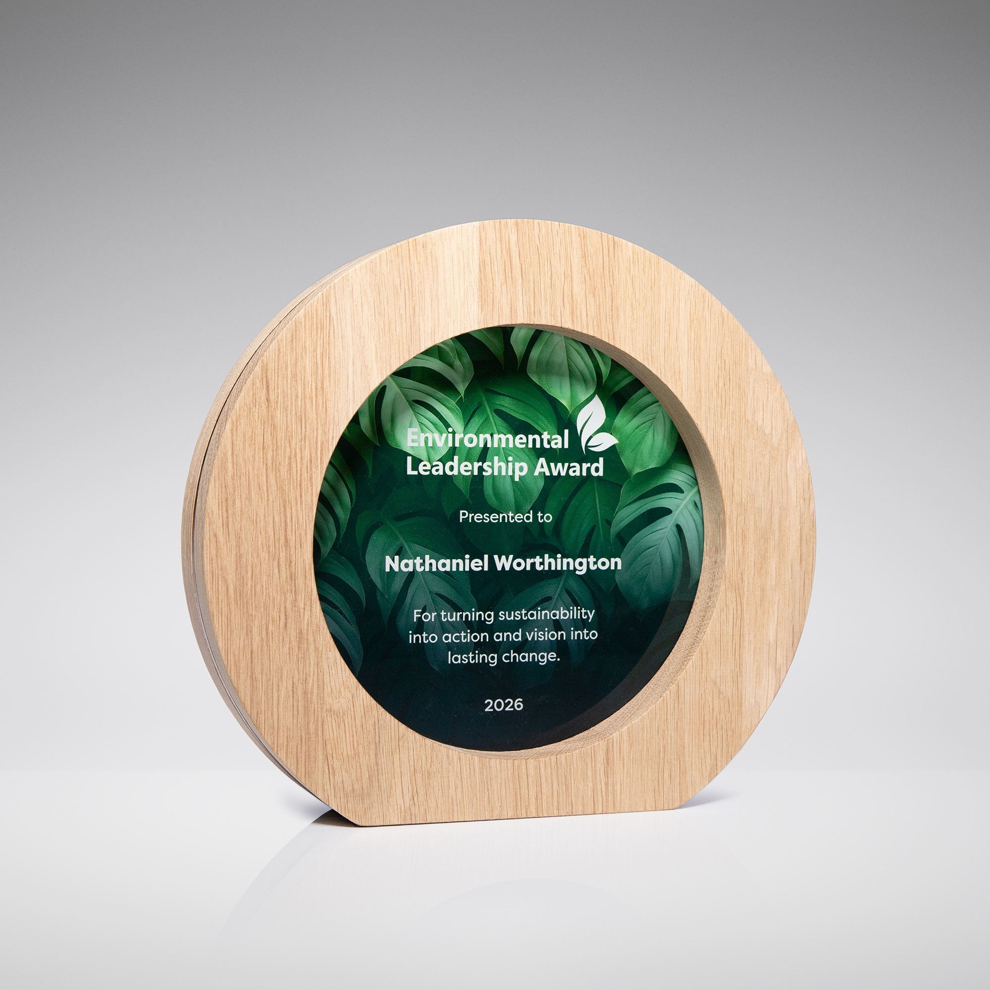 Premium oak business award with personalized full-color print