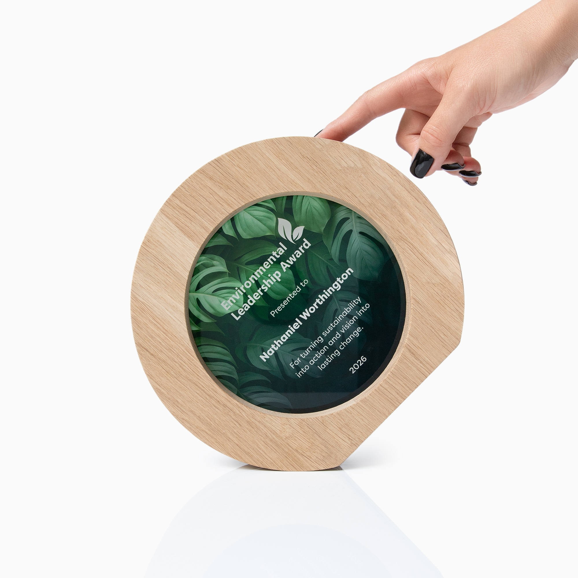 Personalized corporate achievement trophy with custom printed message