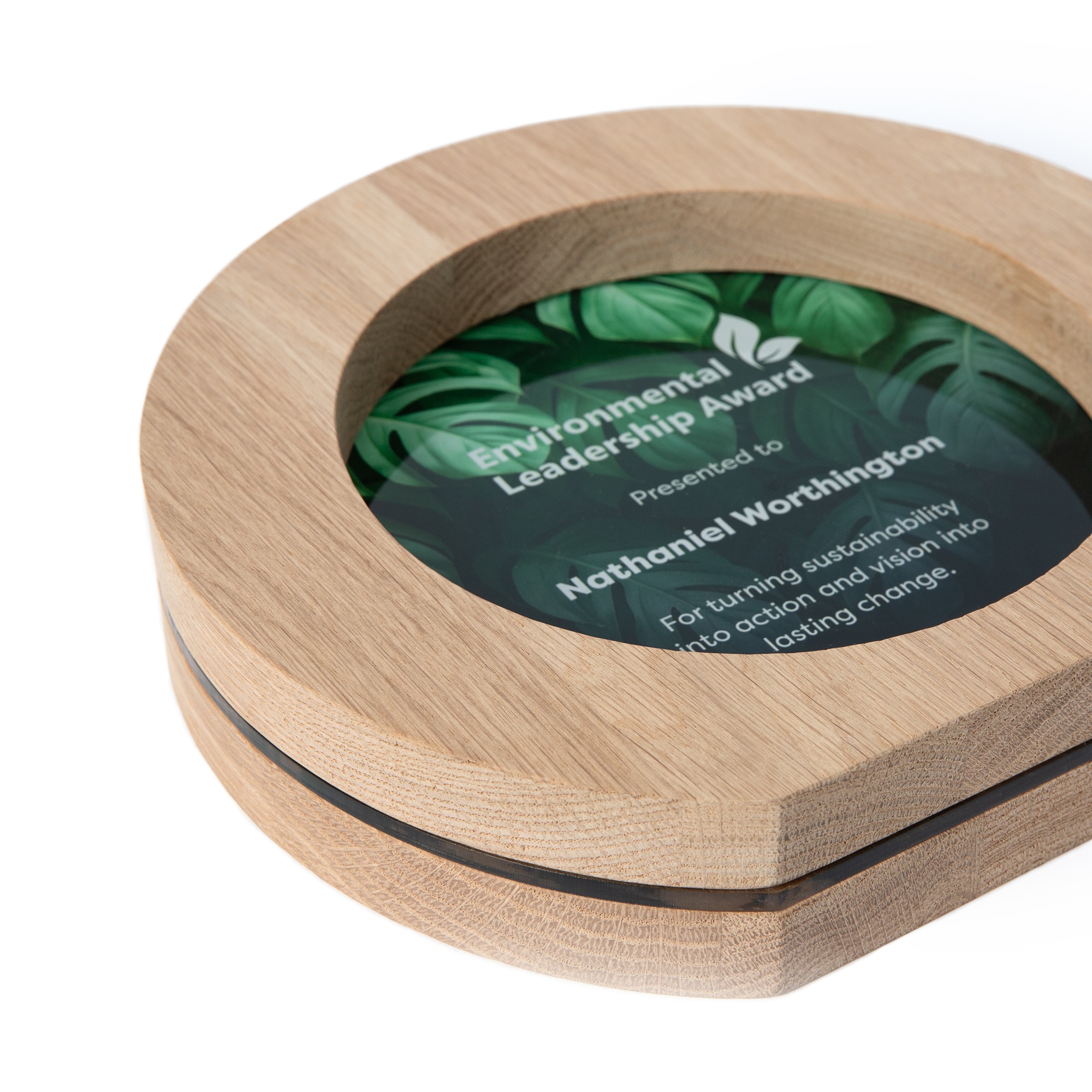 Custom employee recognition award made from solid oak and plexiglass
