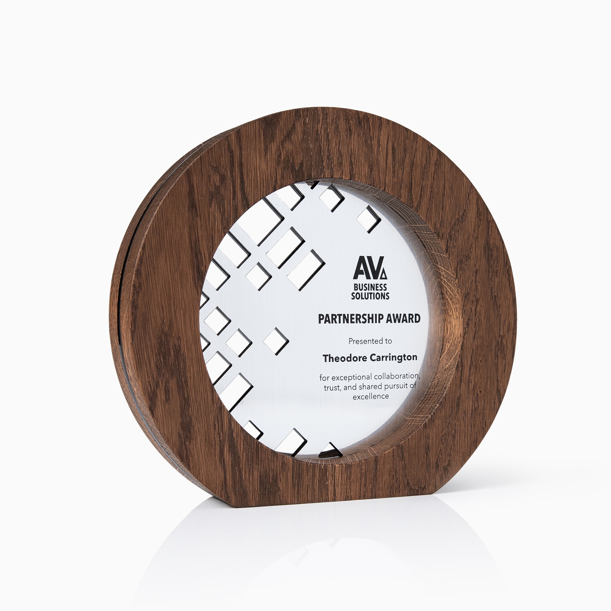 Personalized partnership award in solid oak