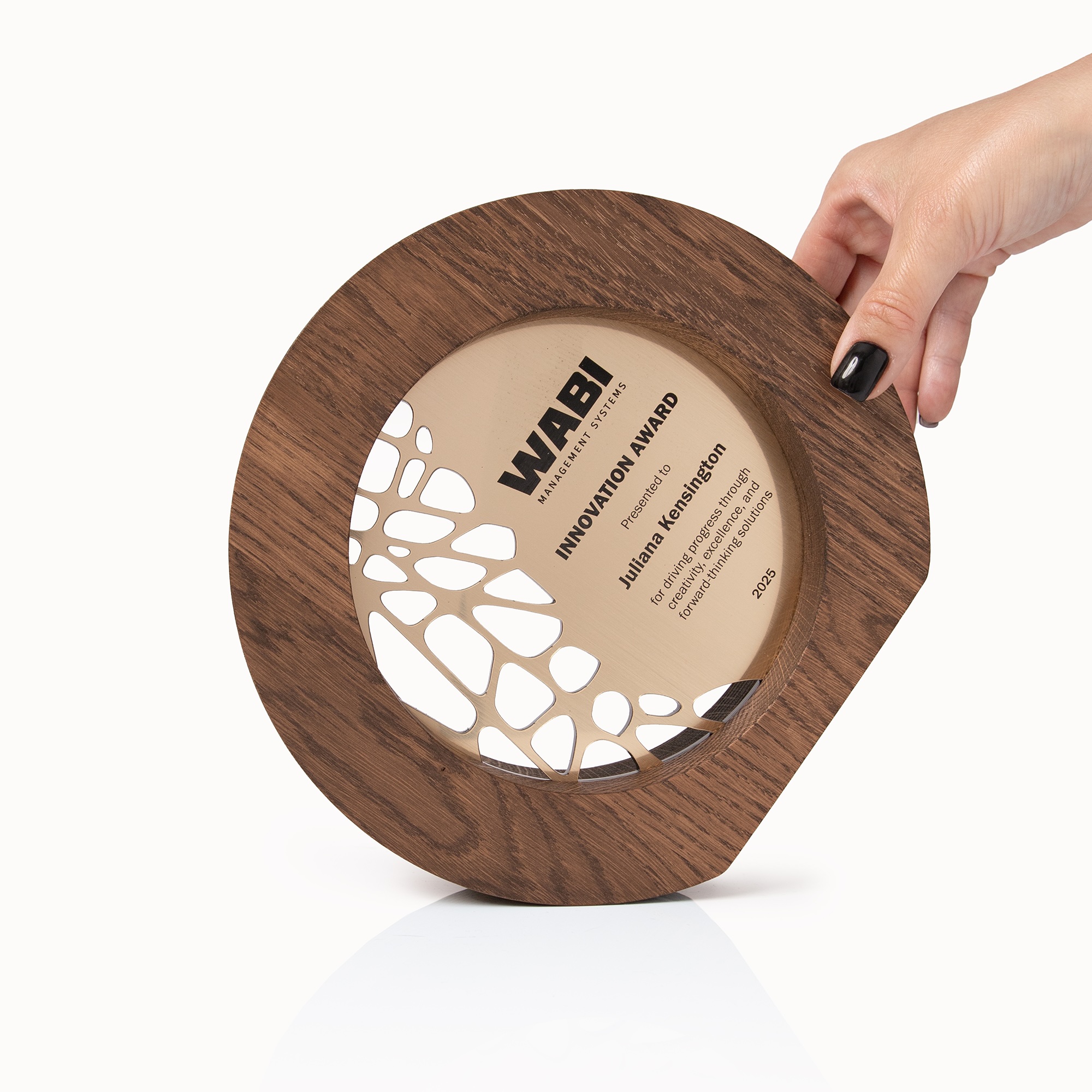 Personalized round wooden award with laser engraving