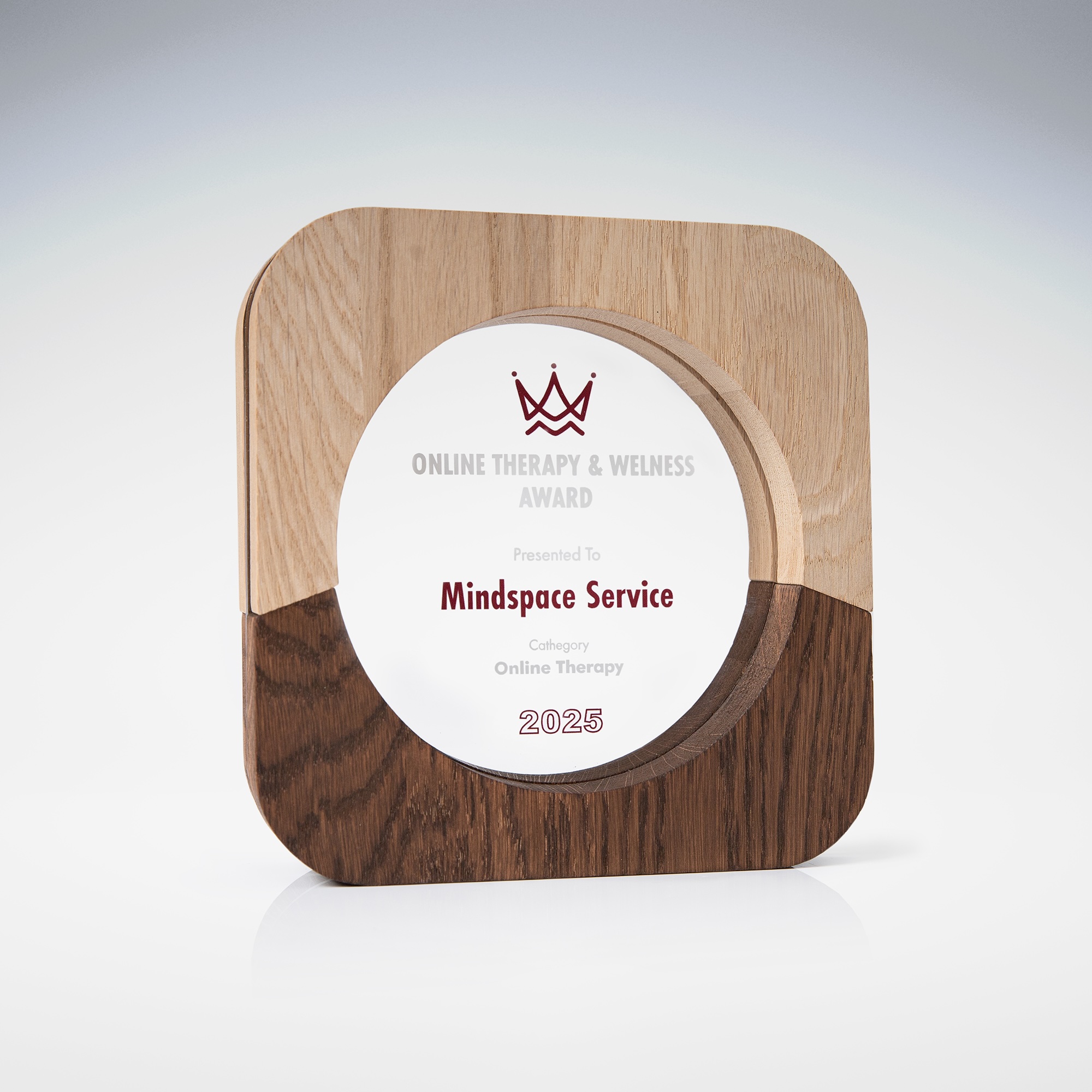Handcrafted oak and plexiglass recognition award.