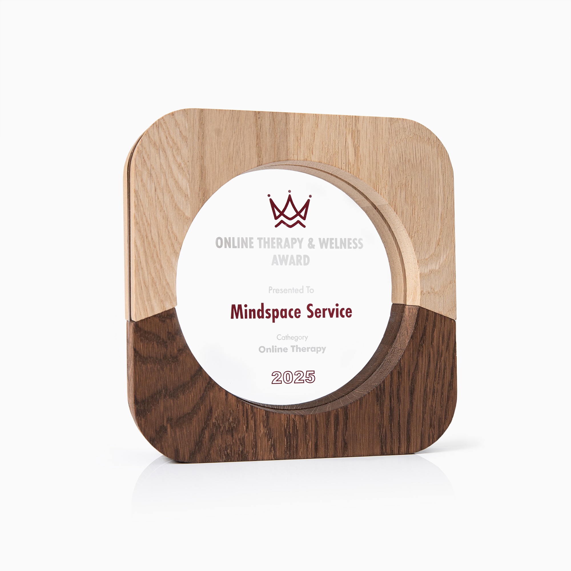 Solid oak award plaque with custom logo and text.