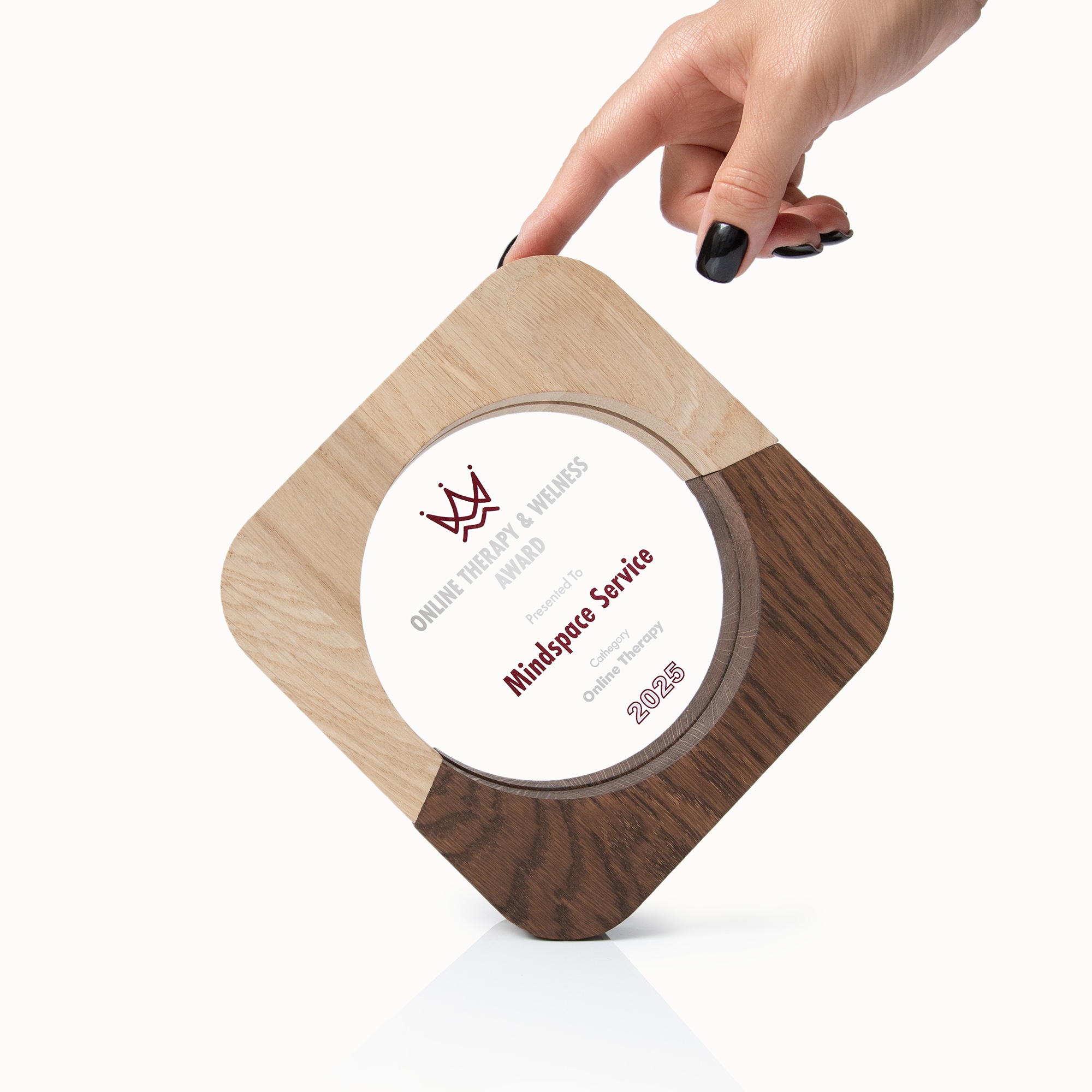 Custom oak award plaque with a personalized plexiglass insert.