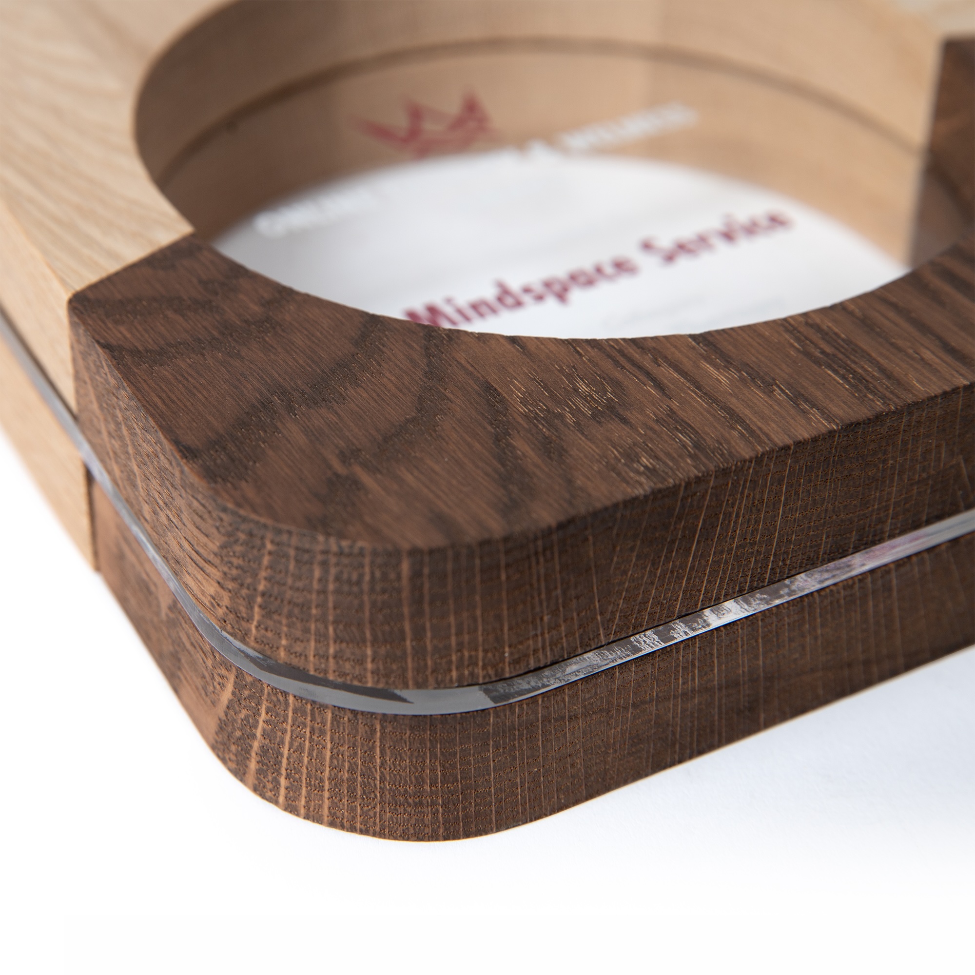 Personalized wooden award with UV printed plexiglass.