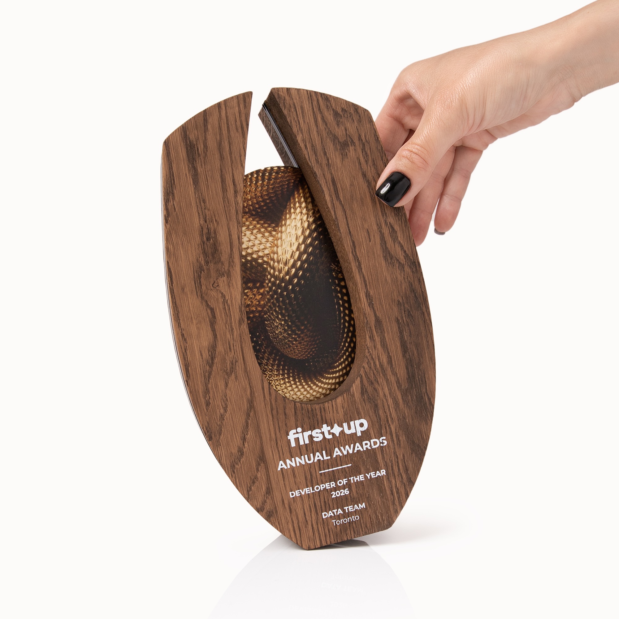 Modern wooden award with UV printed acrylic insert