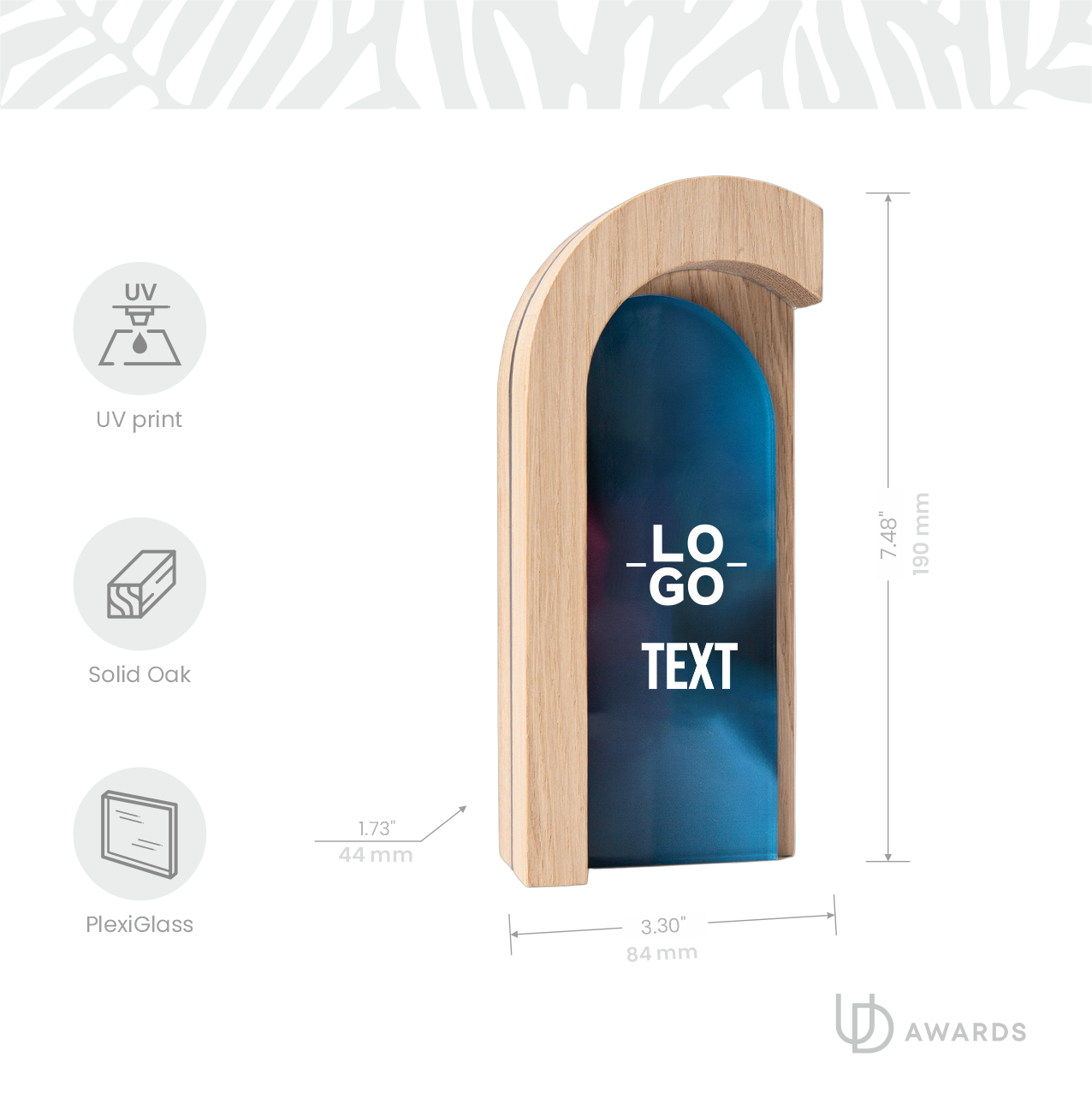 Custom oak corporate award with full color UV printed PlexiGlass and company branding