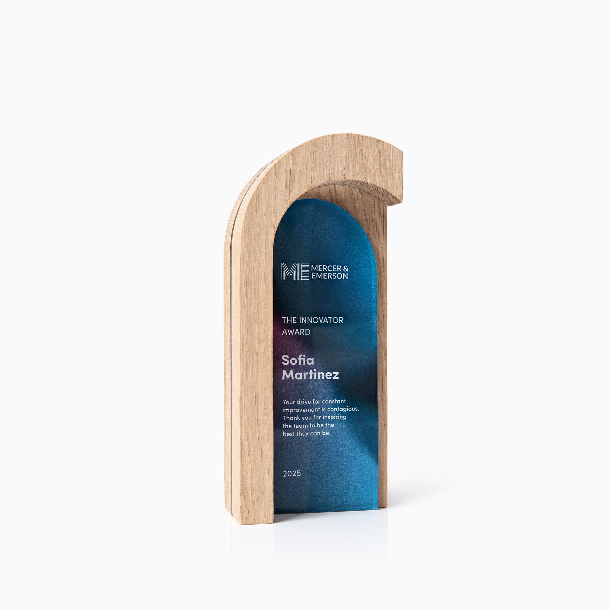 Modern employee recognition award made from oak and custom printed PlexiGlass