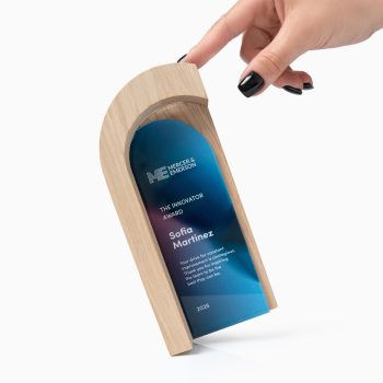 Custom corporate innovation award with company logo recipient name and personalized message