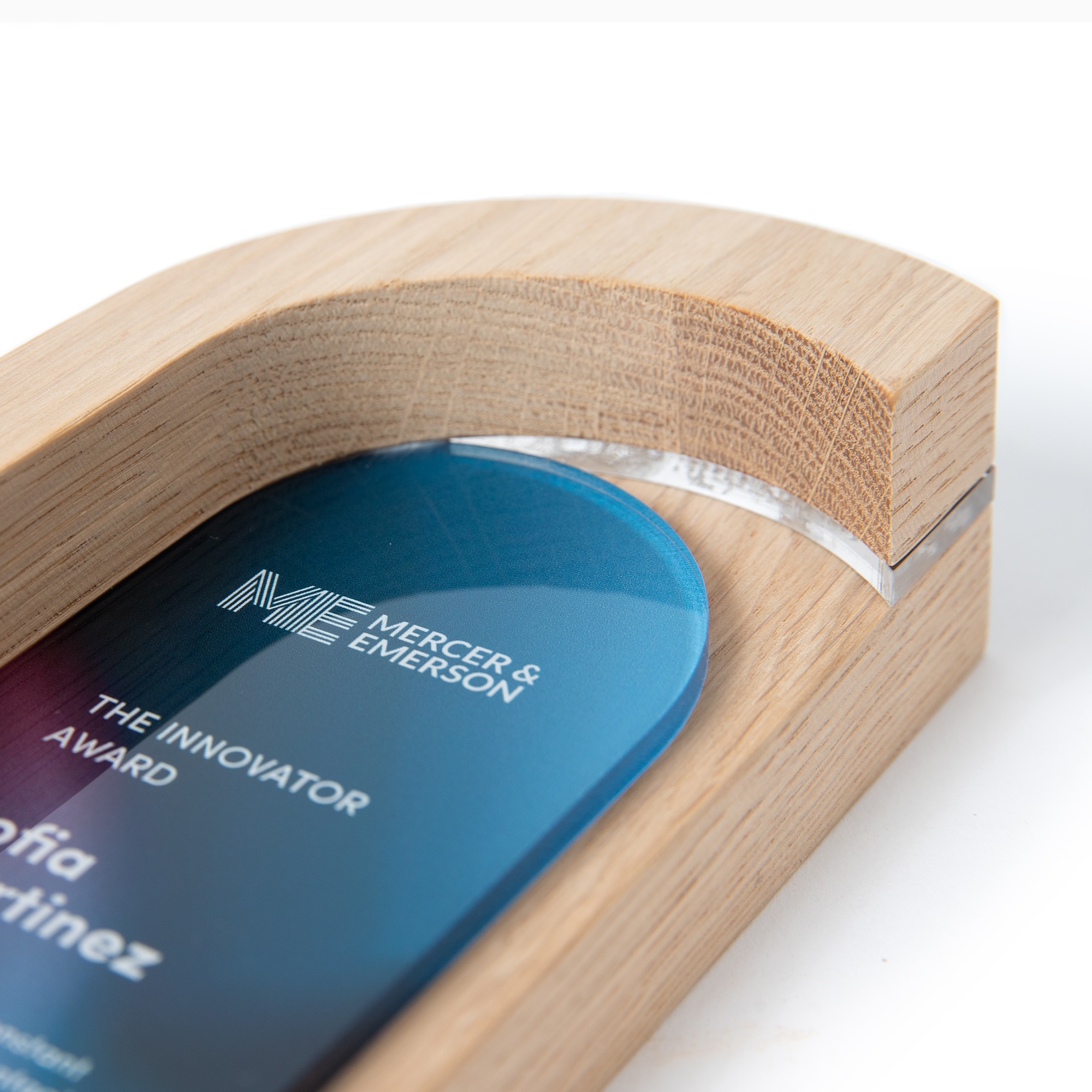 Personalized innovator award in solid oak and printed PlexiGlass for corporate recognition