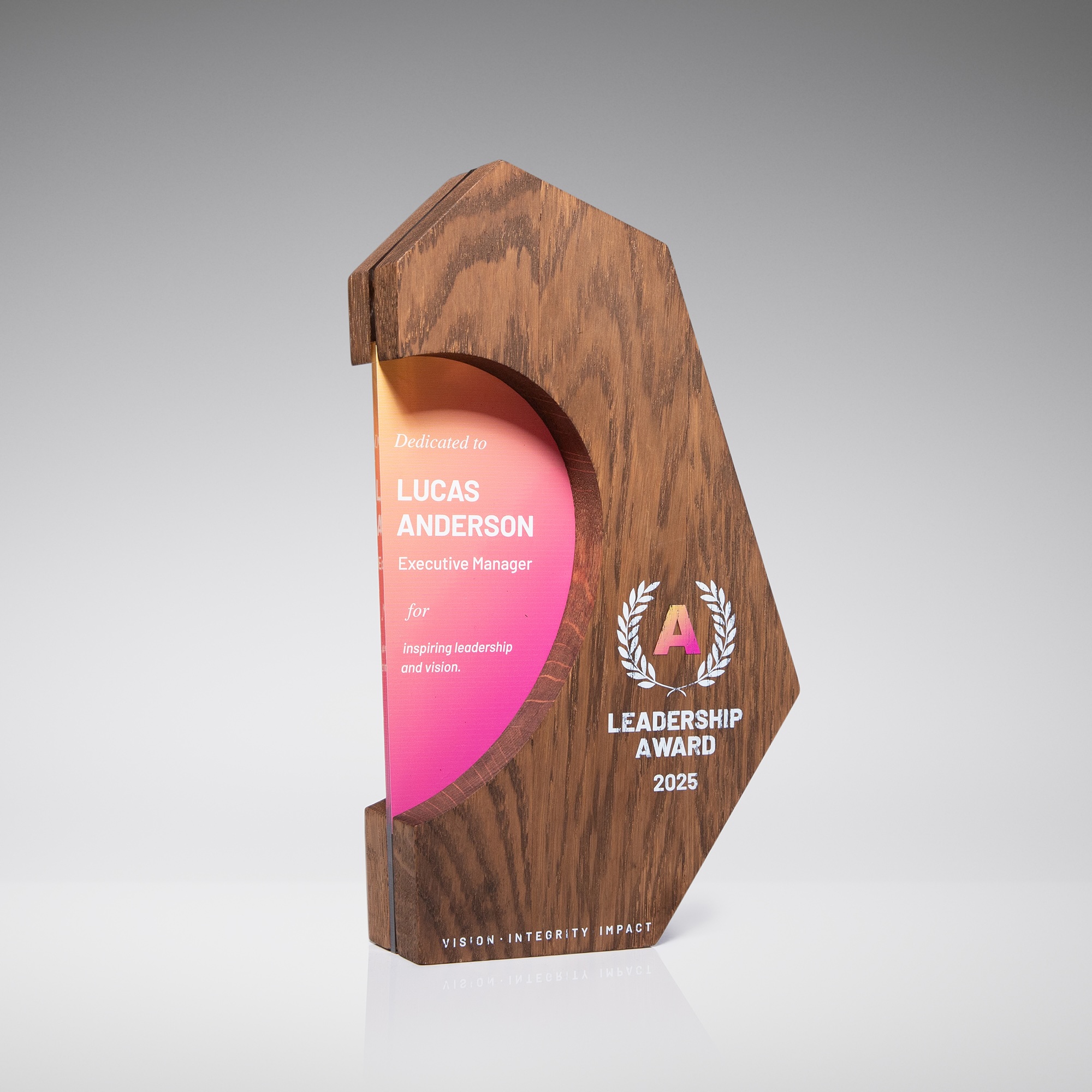 Personalized dark oak and plexiglass leadership award with custom UV print