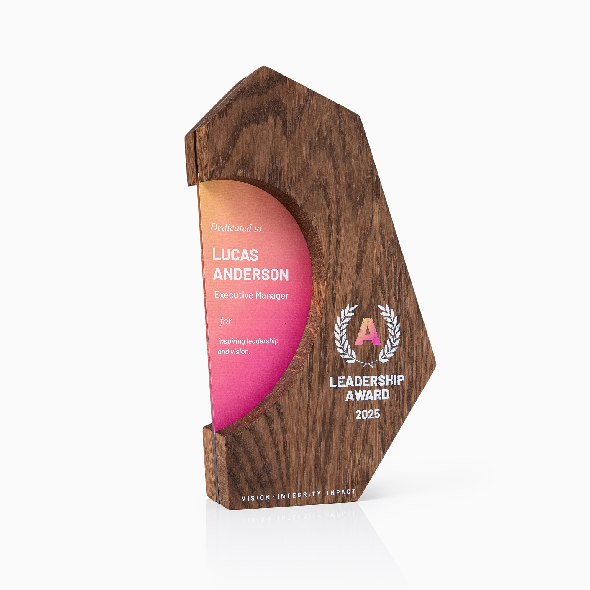 Custom wooden leadership award with colorful plexiglass insert