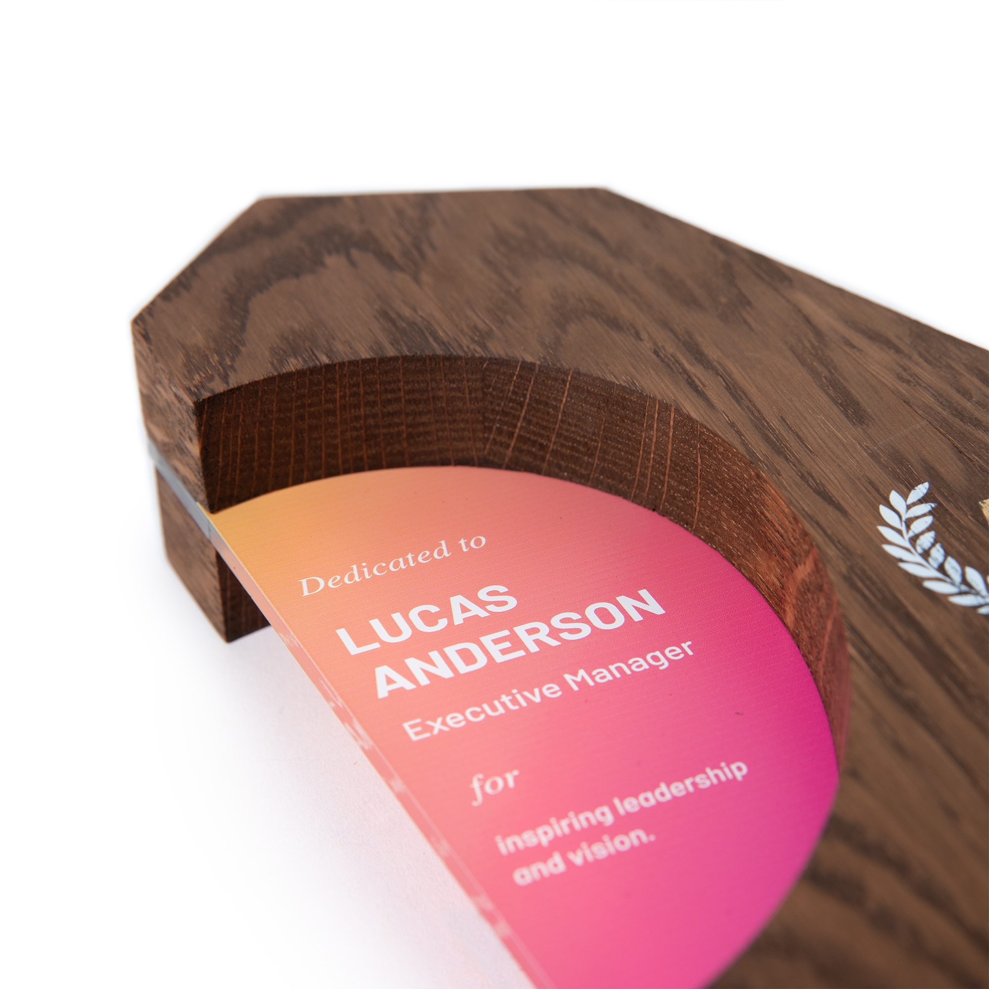 Dark stained oak award with custom logo and text